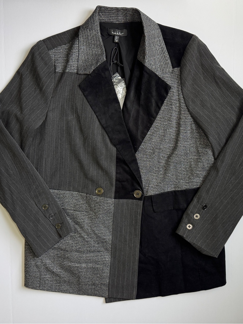 NWT Nicole Miller black/gray patchwork blazer with asymmetrical mix of patterns